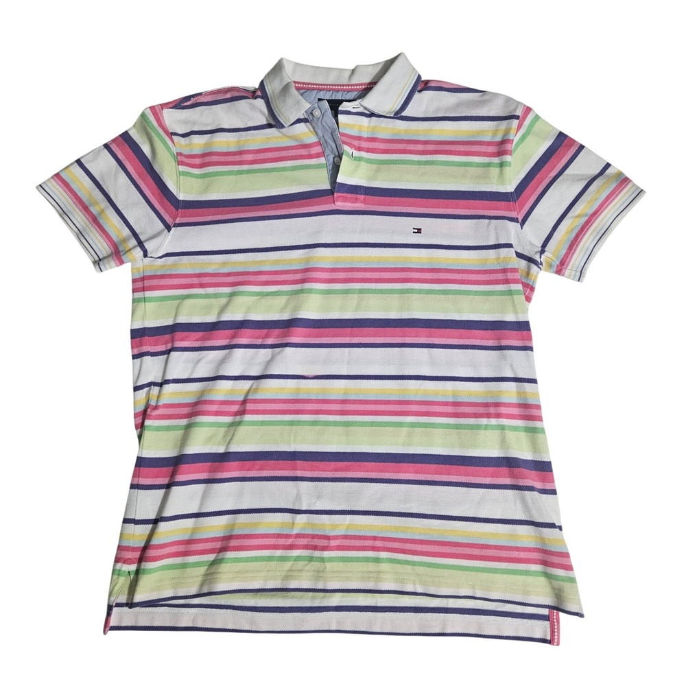 Tommy Hilfiger Mens Multicolor Striped Polo Shirt Short Sleeve Pastel Pique L